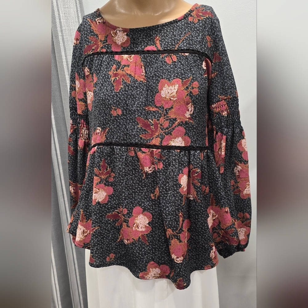 1010 Knox Rose Women Top Black Floral Peasant Blouse Long Slv Round Neck Sz XP